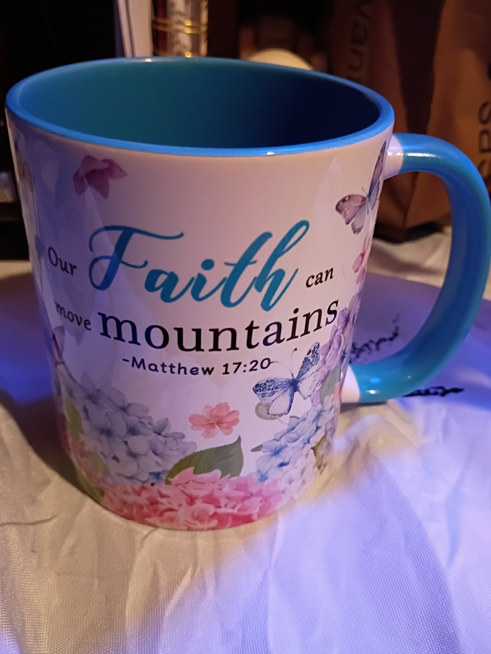 Inspirational Faith Mountains Ceramic Mug - Blue